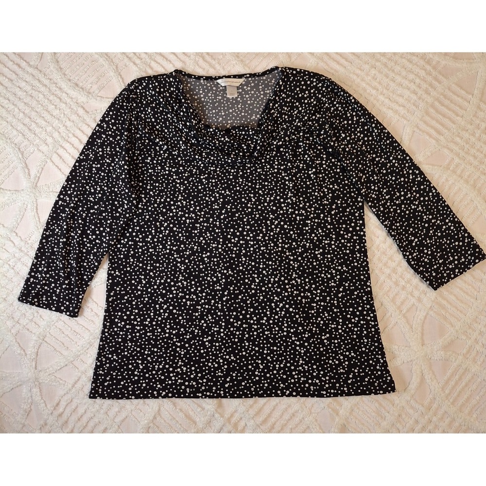 Christopher Banks Womens Large Blouse Black White Polka Dot Cowl Neck 3/4 Sleeve